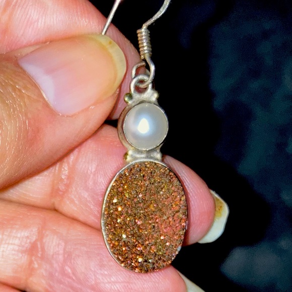Sterling Silver Pearl Druzy Agate Earrings - Picture 2 of 2